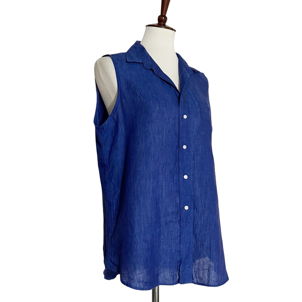Frank & Eileen Fiona Royal Blue 100% Linen Sleeveless Button Up Shirt Large - Picture 4 of 13